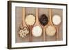 Rice Varieties In Olive Wood Spoons Over Hessian Background-marilyna-Framed Art Print