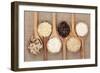 Rice Varieties In Olive Wood Spoons Over Hessian Background-marilyna-Framed Premium Giclee Print