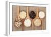 Rice Varieties In Olive Wood Spoons Over Hessian Background-marilyna-Framed Premium Giclee Print