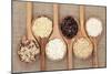 Rice Varieties In Olive Wood Spoons Over Hessian Background-marilyna-Mounted Premium Giclee Print