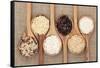 Rice Varieties In Olive Wood Spoons Over Hessian Background-marilyna-Framed Stretched Canvas