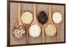 Rice Varieties In Olive Wood Spoons Over Hessian Background-marilyna-Framed Art Print