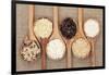 Rice Varieties In Olive Wood Spoons Over Hessian Background-marilyna-Framed Art Print