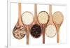 Rice Varieties In Olive Wood Spoons Over White Background-marilyna-Framed Art Print