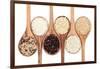 Rice Varieties In Olive Wood Spoons Over White Background-marilyna-Framed Art Print