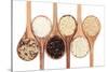 Rice Varieties In Olive Wood Spoons Over White Background-marilyna-Stretched Canvas