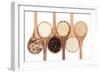 Rice Varieties In Olive Wood Spoons Over White Background-marilyna-Framed Art Print