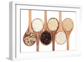 Rice Varieties In Olive Wood Spoons Over White Background-marilyna-Framed Art Print