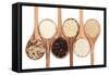 Rice Varieties In Olive Wood Spoons Over White Background-marilyna-Framed Stretched Canvas