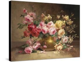 Rich Still Life of Pink and Yellow Roses-Alfred Godchaux-Stretched Canvas