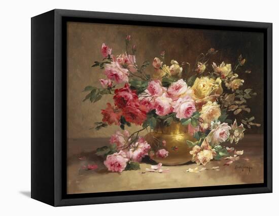 Rich Still Life of Pink and Yellow Roses-Alfred Godchaux-Framed Stretched Canvas