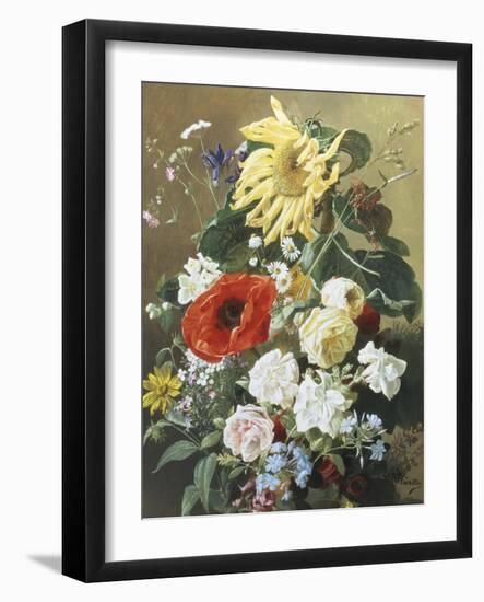 Rich Still Life with Sunflower and Roses-C.f. Hurten-Framed Giclee Print