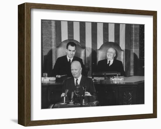 Richard M. Nixon, Sam Rayburn and Pres. Dwight D. Eisenhower During the Opening of Congress-Ed Clark-Framed Photographic Print