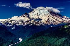 A Majestic Wide Angle View of Snow Capped Mount Rainier and a Deep River Valley-Richard McMillin-Stretched Canvas