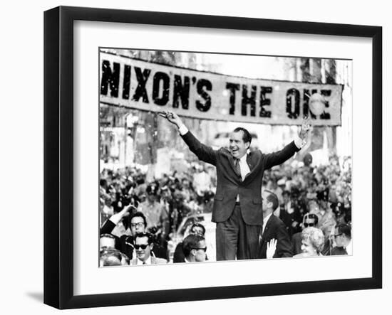 Richard Nixon, Delivering His the 'V' for Victory Sign-null-Framed Photo