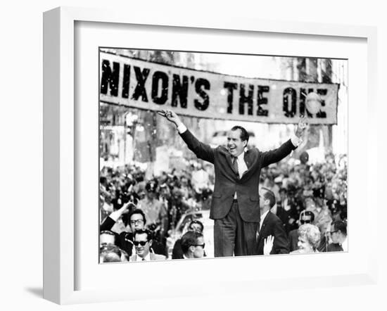 Richard Nixon, Delivering His the 'V' for Victory Sign-null-Framed Photo