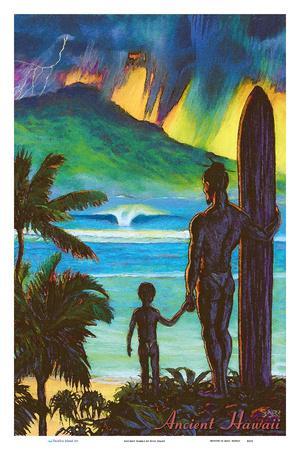 Ancient Hawaii - Hawaiian Surfer with Keiki Son