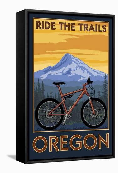 Ride the Trails - Oregon (Tree Background)-Lantern Press-Framed Stretched Canvas