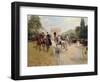 Riders and Coaches on Bois De Boulogne Avenue in Paris with the Arc De Triomphe in the Background-Georges Stein-Framed Giclee Print