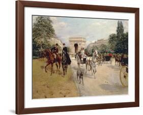 Riders and Coaches on Bois De Boulogne Avenue in Paris with the Arc De Triomphe in the Background-Georges Stein-Framed Giclee Print