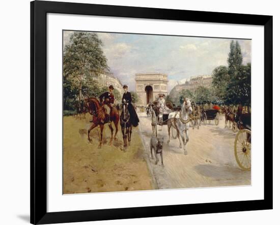 Riders and Coaches on Bois De Boulogne Avenue in Paris with the Arc De Triomphe in the Background-Georges Stein-Framed Giclee Print