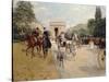 Riders and Coaches on Bois De Boulogne Avenue in Paris with the Arc De Triomphe in the Background-Georges Stein-Stretched Canvas