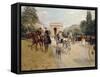 Riders and Coaches on Bois De Boulogne Avenue in Paris with the Arc De Triomphe in the Background-Georges Stein-Framed Stretched Canvas