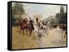 Riders and Coaches on Bois De Boulogne Avenue in Paris with the Arc De Triomphe in the Background-Georges Stein-Framed Stretched Canvas