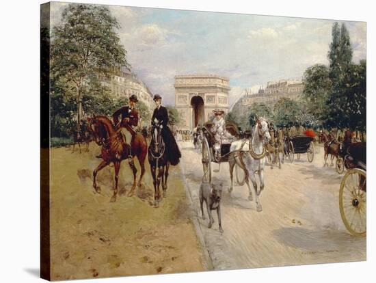 Riders and Coaches on Bois De Boulogne Avenue in Paris with the Arc De Triomphe in the Background-Georges Stein-Stretched Canvas