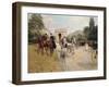 Riders and Coaches on Bois De Boulogne Avenue in Paris with the Arc De Triomphe in the Background-Georges Stein-Framed Giclee Print