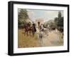 Riders and Coaches on Bois De Boulogne Avenue in Paris with the Arc De Triomphe in the Background-Georges Stein-Framed Giclee Print