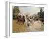 Riders and Coaches on Bois De Boulogne Avenue in Paris with the Arc De Triomphe in the Background-Georges Stein-Framed Giclee Print