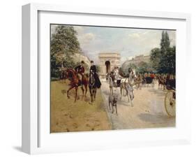 Riders and Coaches on Bois De Boulogne Avenue in Paris with the Arc De Triomphe in the Background-Georges Stein-Framed Giclee Print
