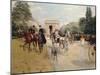 Riders and Coaches on Bois De Boulogne Avenue in Paris with the Arc De Triomphe in the Background-Georges Stein-Mounted Giclee Print