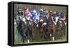 Riders and Racehorses Galloping around Racecourse-null-Framed Stretched Canvas