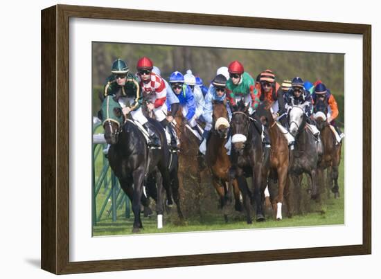Riders and Racehorses Galloping around Racecourse-null-Framed Photographic Print
