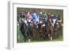 Riders and Racehorses Galloping around Racecourse-null-Framed Photographic Print