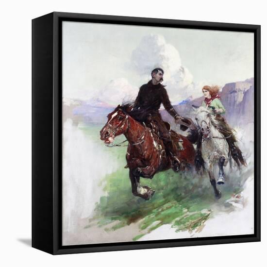 Riding Hard with Two Shooters, 1919-Frank Tenney Johnson-Framed Stretched Canvas