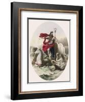 Riding the Waves in His Horse- Drawn Chariot, Saluted by Tritons as He Passes-null-Framed Art Print