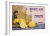 Right Lane Brand - Oxnard, California - Citrus Crate Label-Lantern Press-Framed Art Print