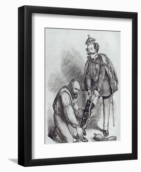 Right Leg in the Boot at Last, Caricature of Giuseppe Garibaldi and the King of Italy-null-Framed Premium Giclee Print