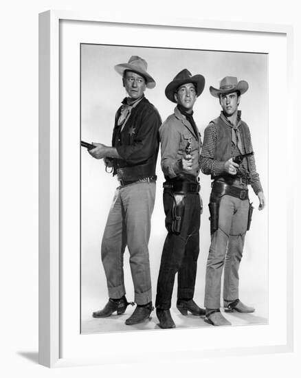 RIO BRAVO, 1959 directed by HOWARD HAWKS John Wayne, Dean Martin and Ricky Nelson (b/w photo)-null-Framed Photo