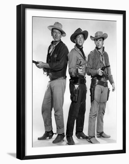 RIO BRAVO, 1959 directed by HOWARD HAWKS John Wayne, Dean Martin and Ricky Nelson (b/w photo)-null-Framed Photo