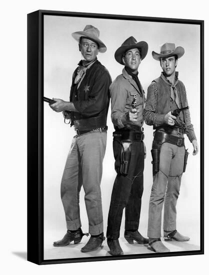 RIO BRAVO, 1959 directed by HOWARD HAWKS John Wayne, Dean Martin and Ricky Nelson (b/w photo)-null-Framed Stretched Canvas
