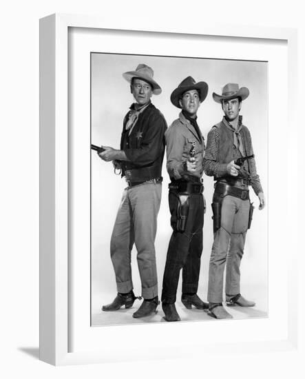 RIO BRAVO, 1959 directed by HOWARD HAWKS John Wayne, Dean Martin and Ricky Nelson (b/w photo)-null-Framed Photo