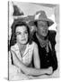 RIO BRAVO, 1959 directed by HOWARD HAWKS On the set, Angie Dickinson and John Wayne (b/w photo)-null-Stretched Canvas