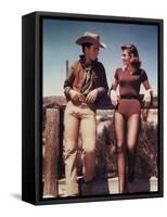 RIO BRAVO, 1959 directed by HOWARD HAWKS On the set, Ricky Nelson and Angie Dickinson (photo)-null-Framed Stretched Canvas