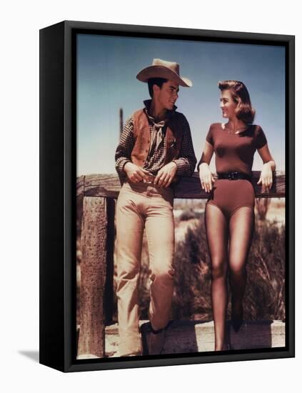 RIO BRAVO, 1959 directed by HOWARD HAWKS On the set, Ricky Nelson and Angie Dickinson (photo)-null-Framed Stretched Canvas