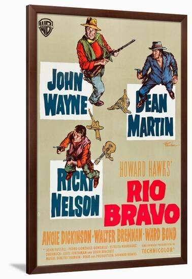 RIO BRAVO, clockwise: John Wayne, Dean Martin, Ricky Nelson on German poster art, 1959.-null-Framed Art Print