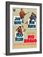 RIO BRAVO, clockwise: John Wayne, Dean Martin, Ricky Nelson on German poster art, 1959.-null-Framed Art Print